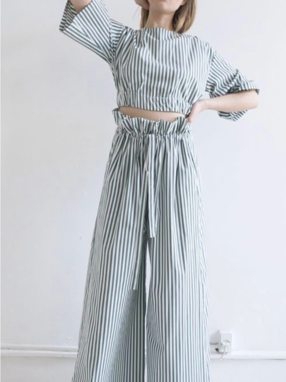 Striped High-Waist Wide Leg Pants - and Top Green/White